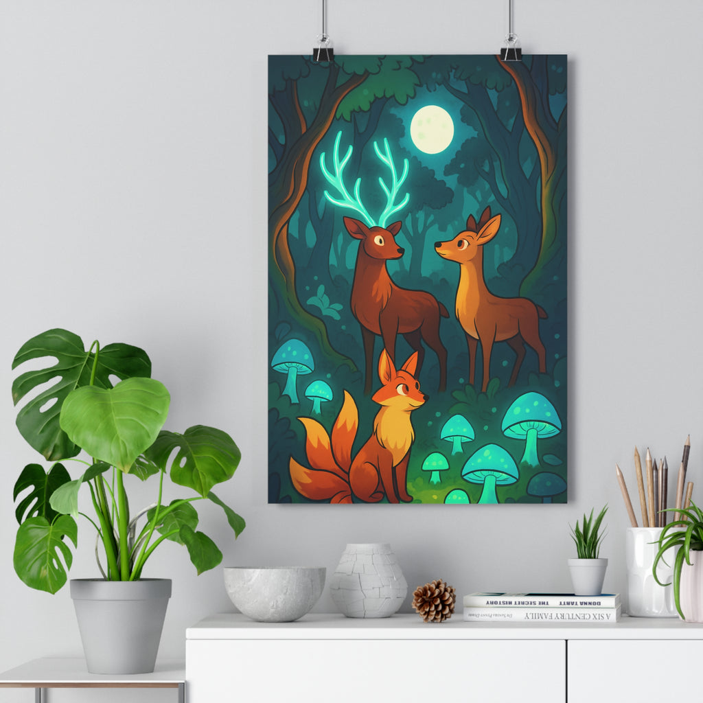 Poster décoratif mystique vert bleu forêt enchantée chambre salon illustration fantaisie moderne art qualité