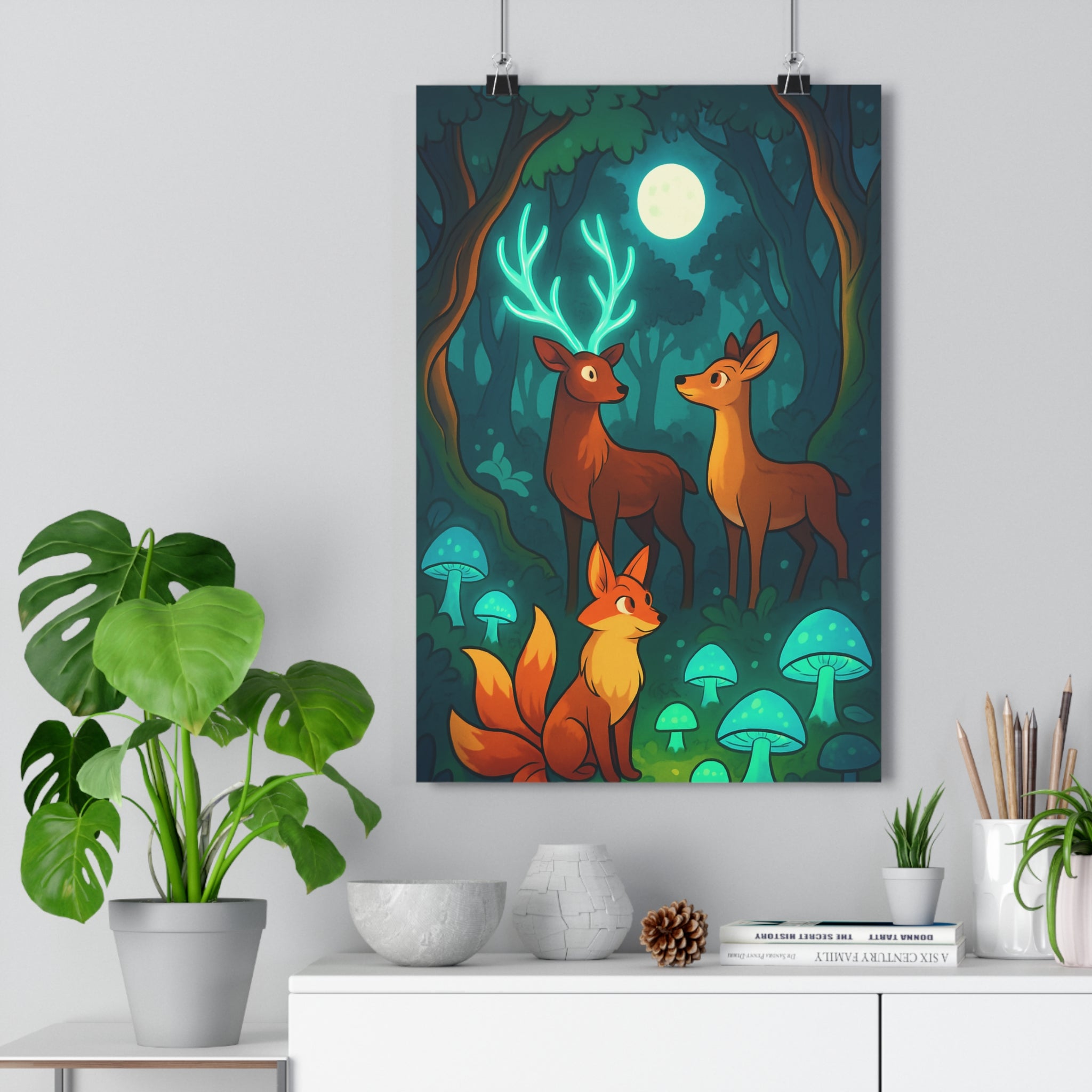 Poster décoratif mystique vert bleu forêt enchantée chambre salon illustration fantaisie moderne art qualité