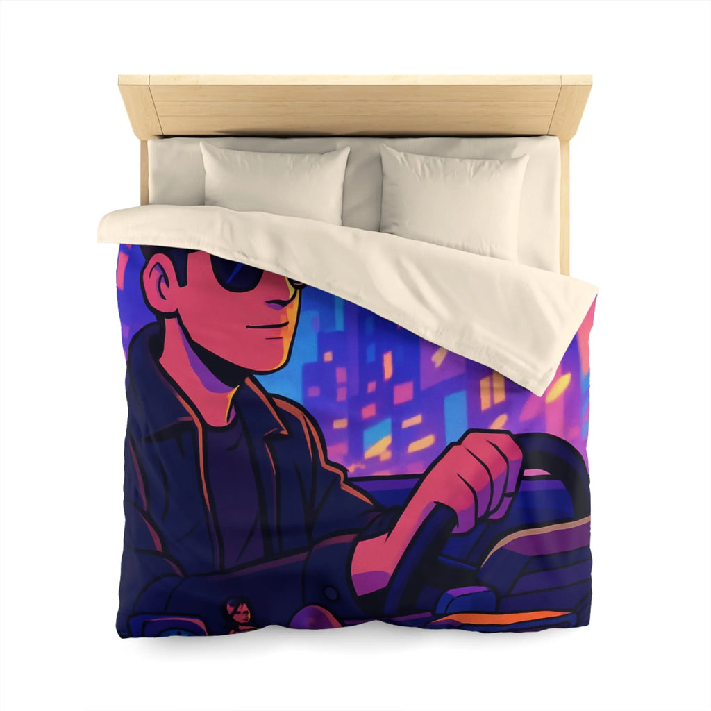 Housse de couette avec illustration rétro taxi urbain style néon pour chambre moderne