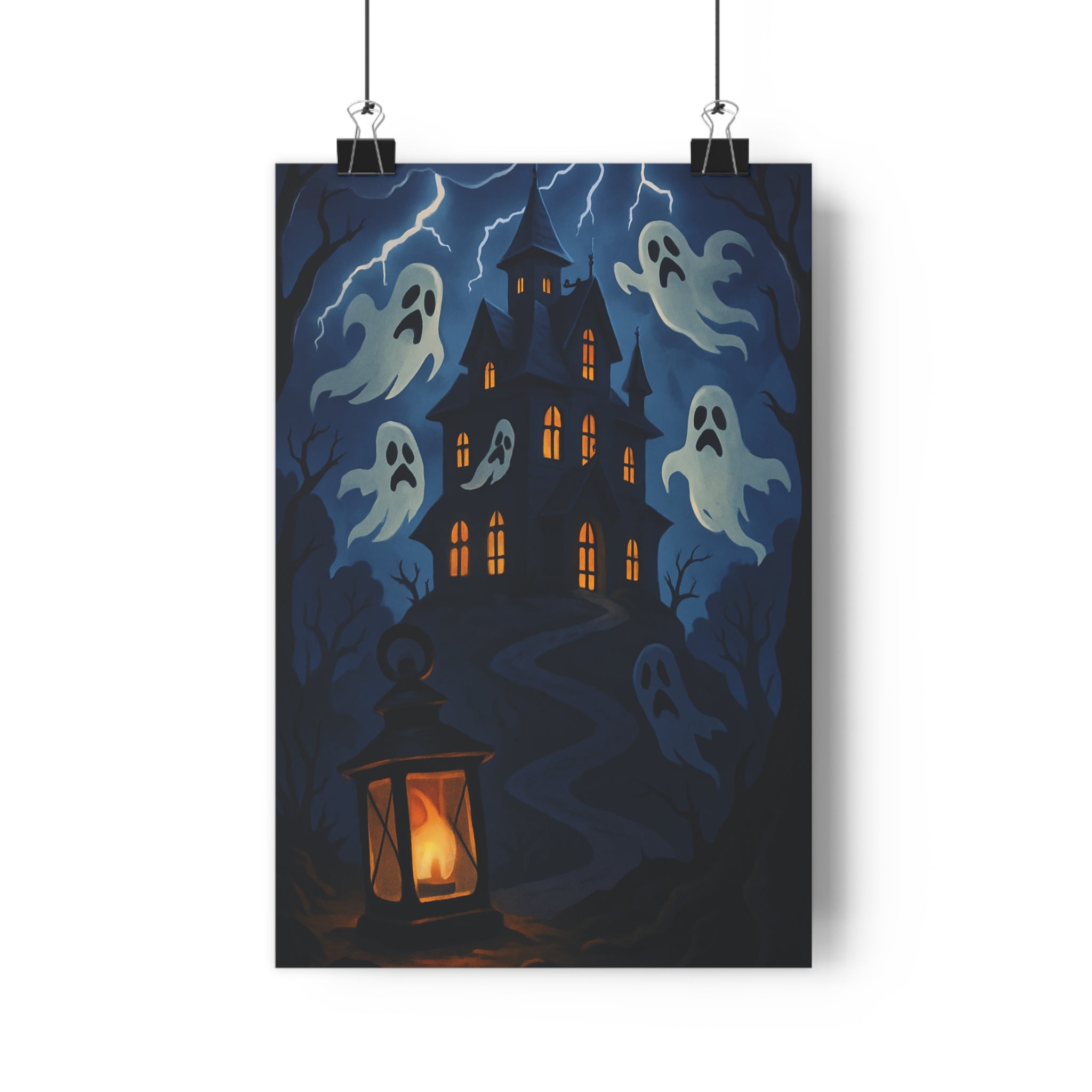 Poster décoratif gothique bleu orange mystérieux manoir fantômes salon chambre ambiance captivante unique élégant