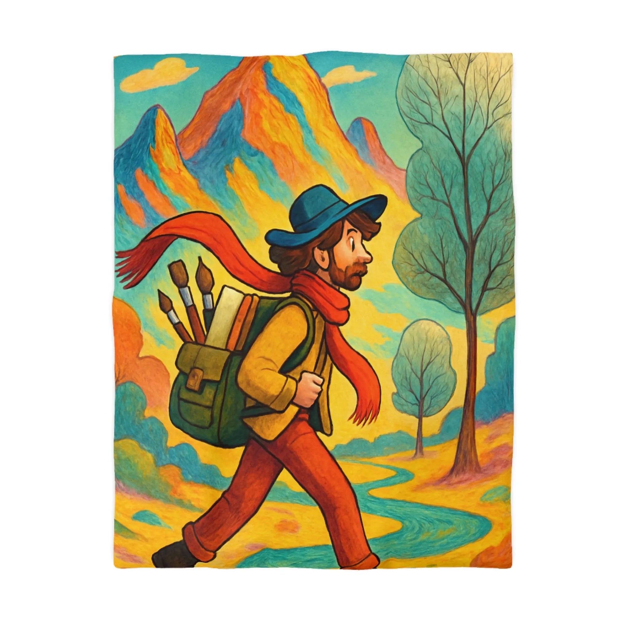 Housse de couette colorée illustrant randonneur artistique en forêt montagneuse avec sac à dos