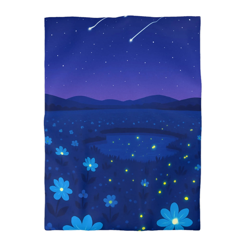 Housse de couette ciel étoilé bleu profond avec fleurs et étoiles filantes éblouissantes