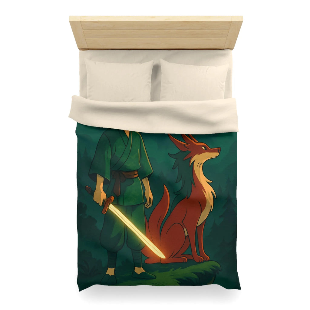 Housse de couette épique avec lune rouge, scène mystique et créature légendaire