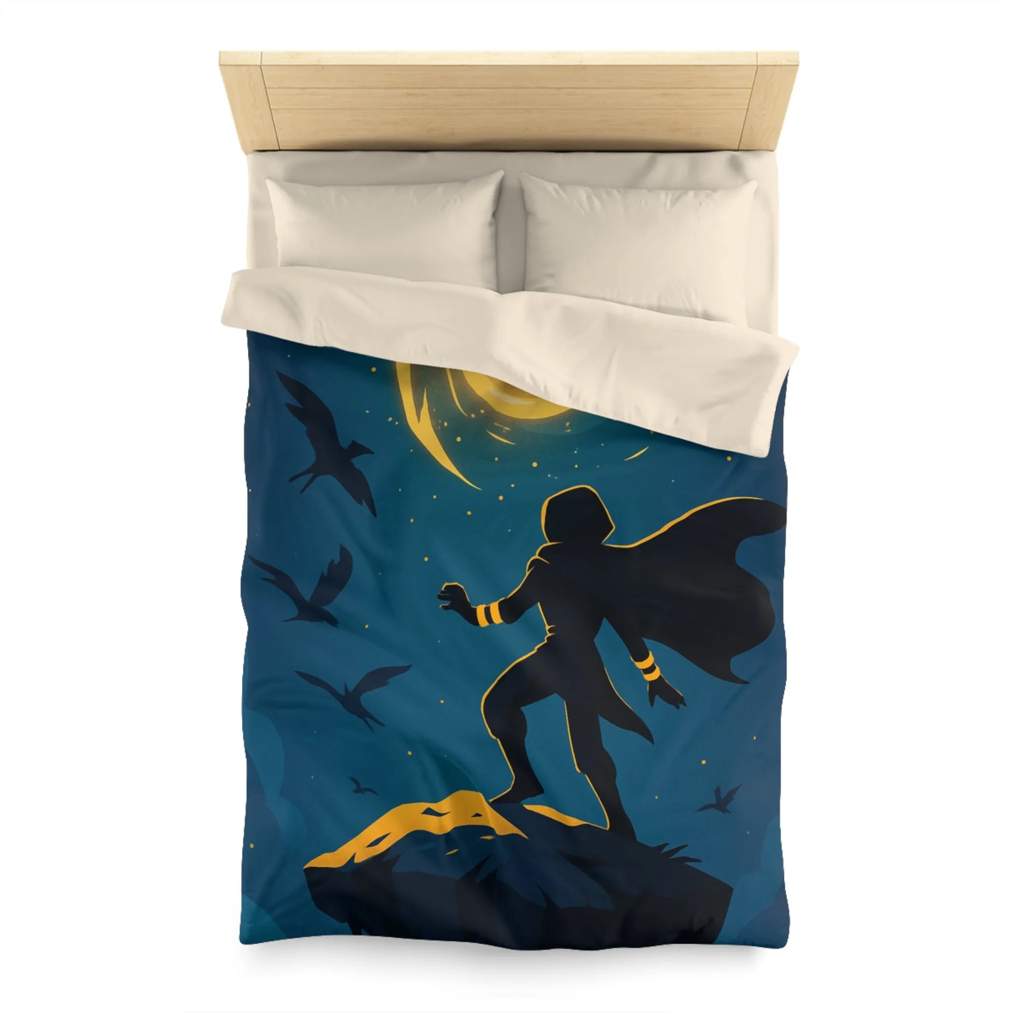 Housse de couette aventure magique, silhouette et spirale dorée dans ciel étoilé