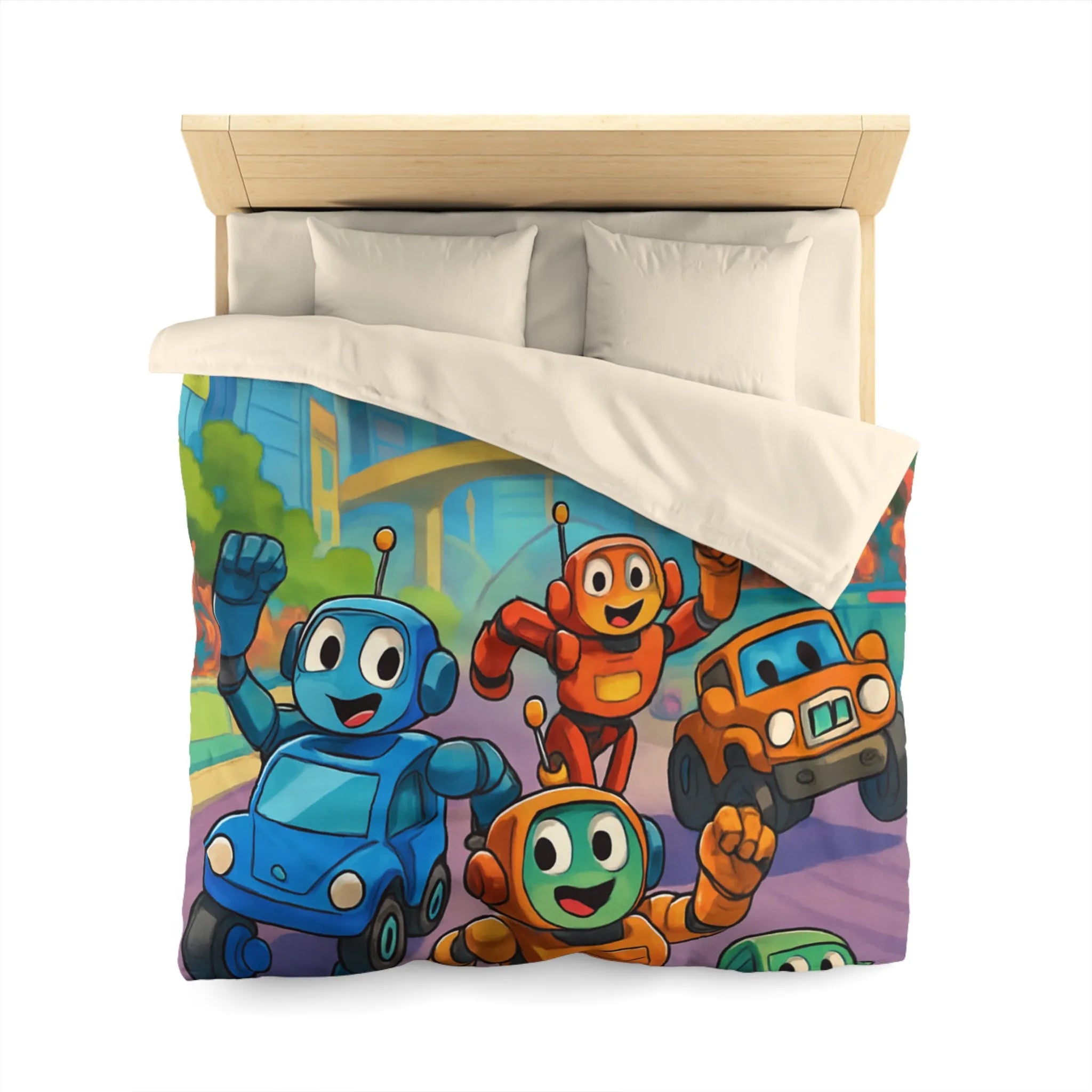 Housse de Couette Animée avec Robots Joyeux et Ville Futuriste pour Enfants