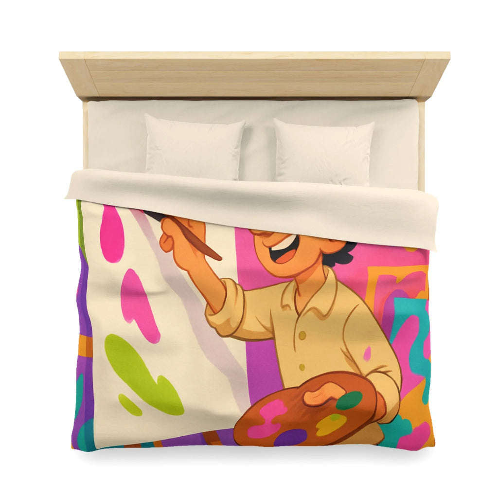 Housse de couette colorée avec artiste joyeux peignant des éclaboussures lumineuses abstraites