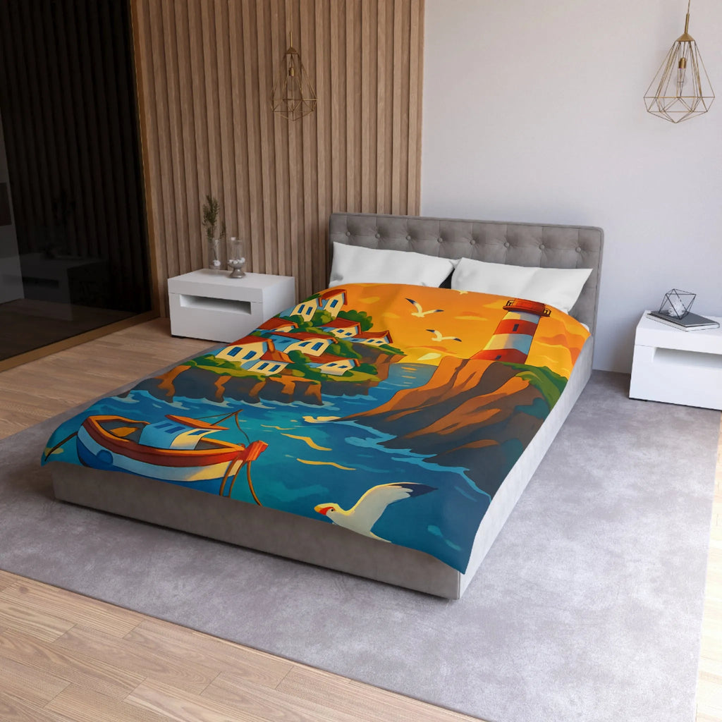 Housse de couette avec paysage côtier et phare pour chambre relaxante et colorée