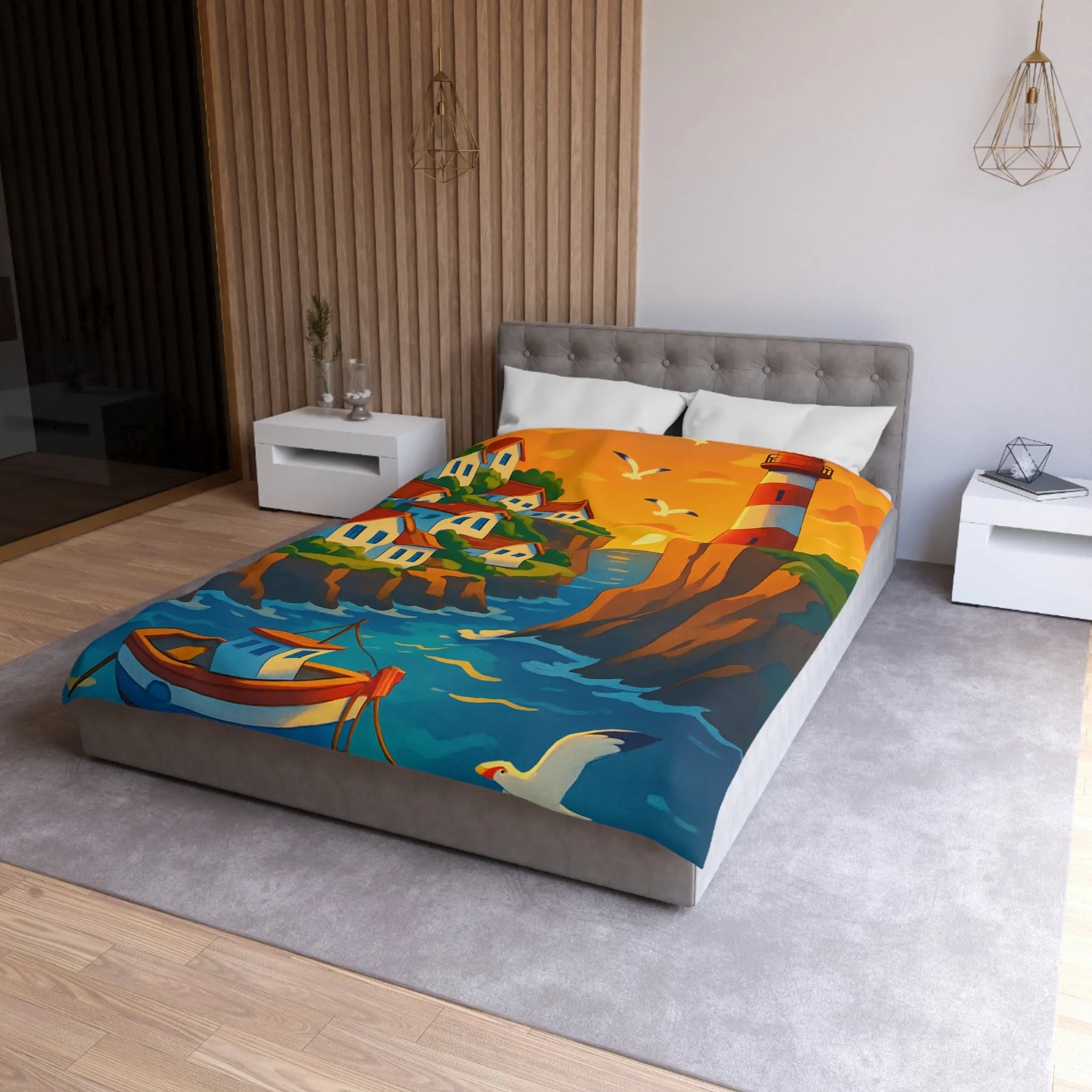 Housse de couette avec paysage côtier et phare pour chambre relaxante et colorée