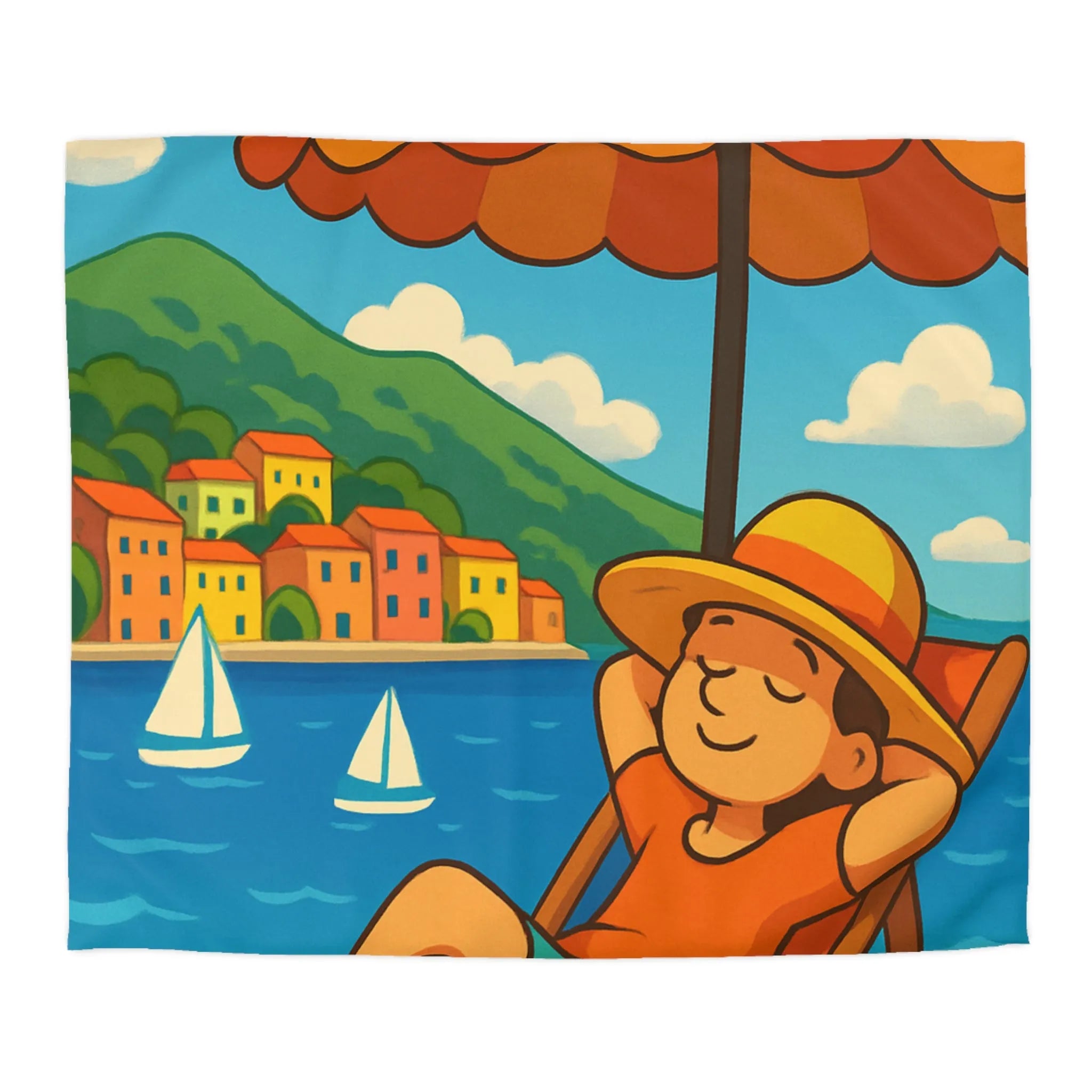 Housse de Couette Colorée Plage avec Parasol, Mer et Voiliers Décontractés Illustration