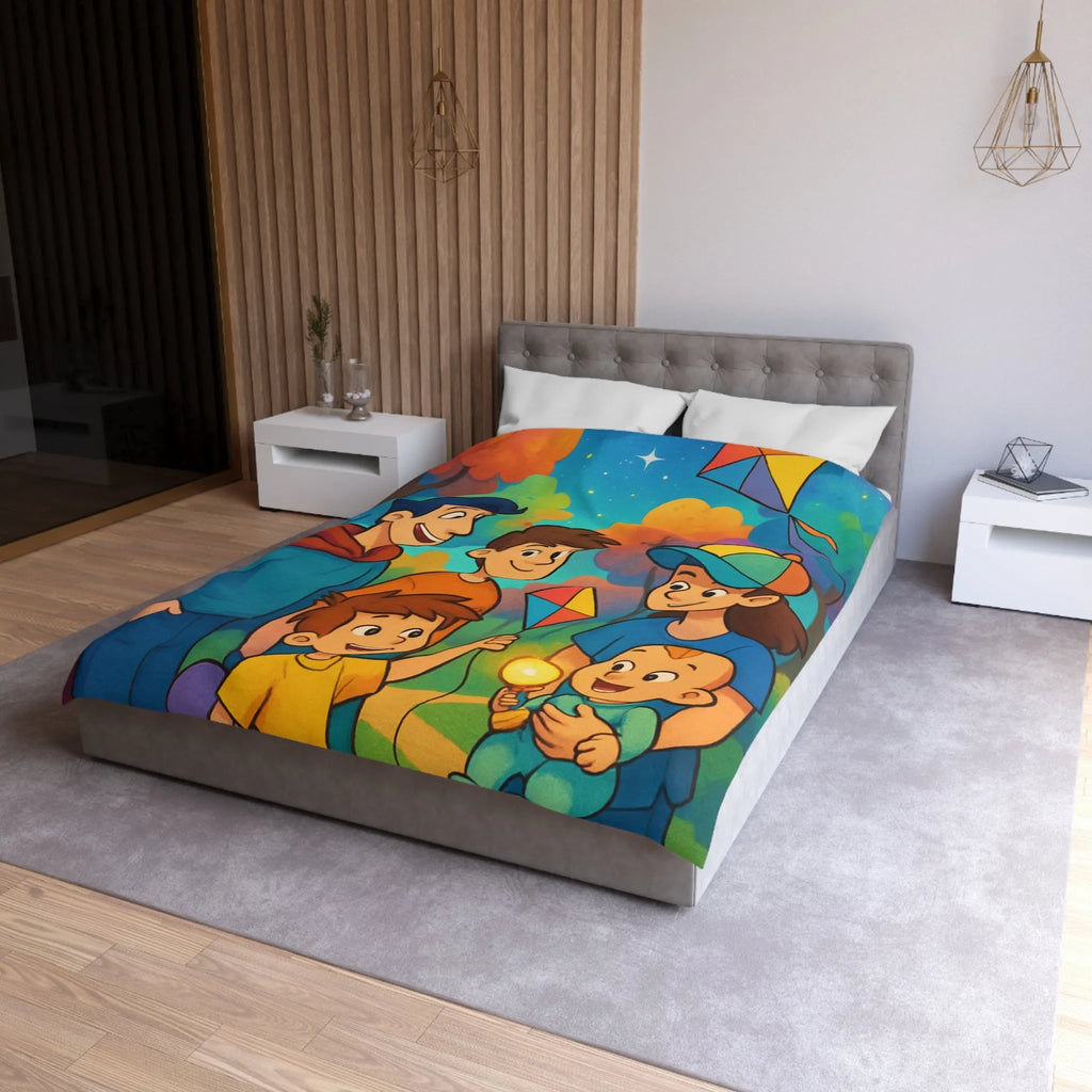 Housse de Couette Enfantine avec Cerfs-Volants et Ciel Étoilé dans Forêt Colorée