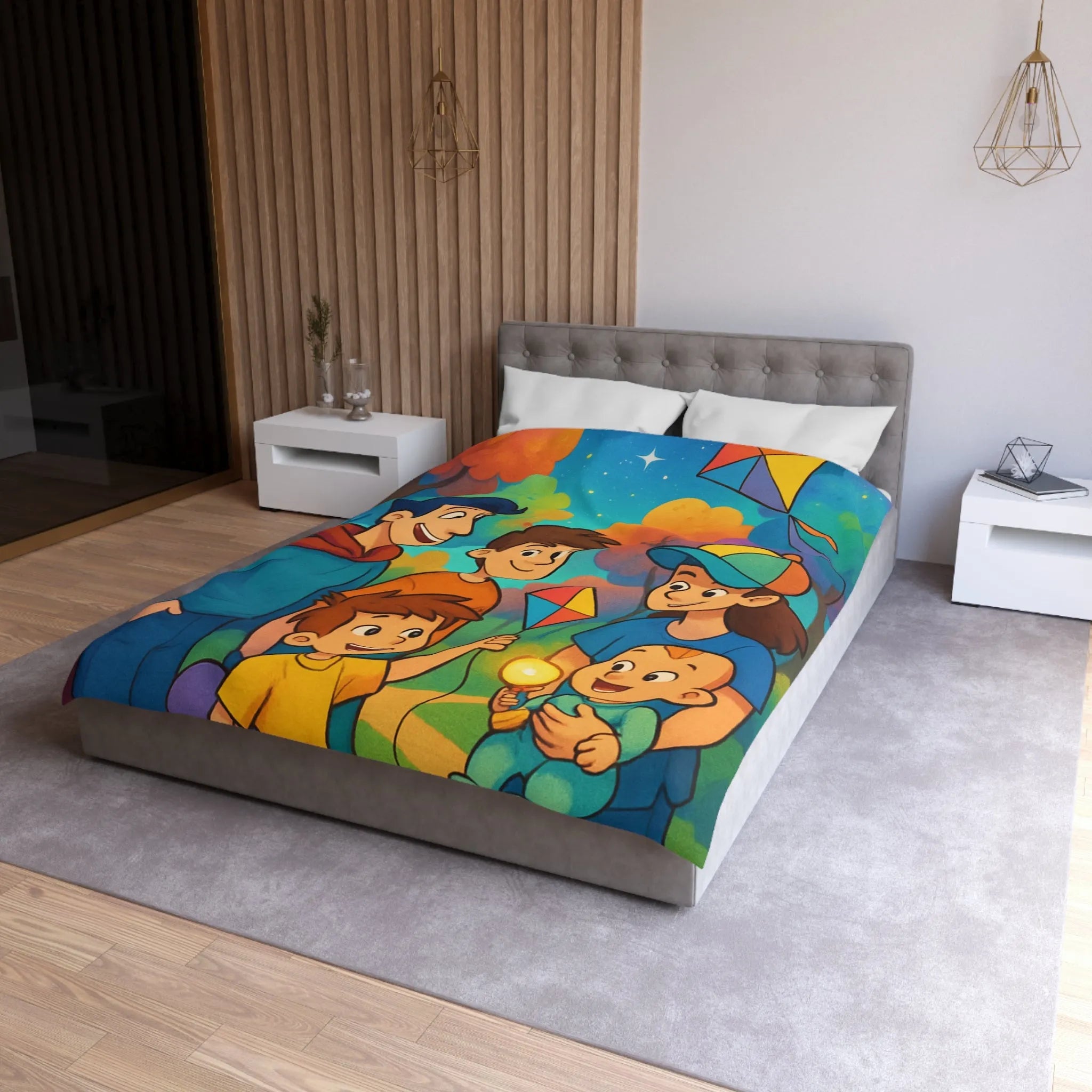 Housse de Couette Enfantine avec Cerfs-Volants et Ciel Étoilé dans Forêt Colorée