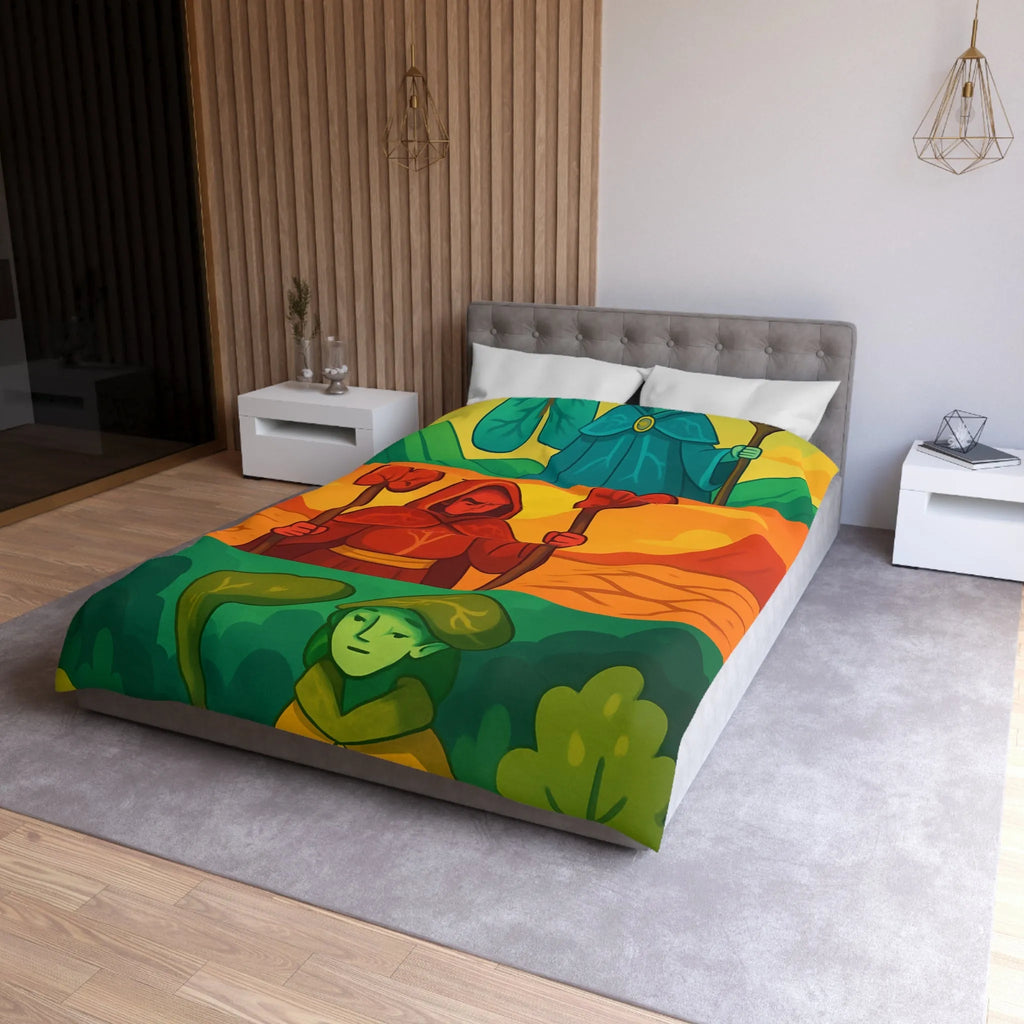 Housse de couette colorée avec trois mages, nature et paysages stylisés, ambiance apaisante