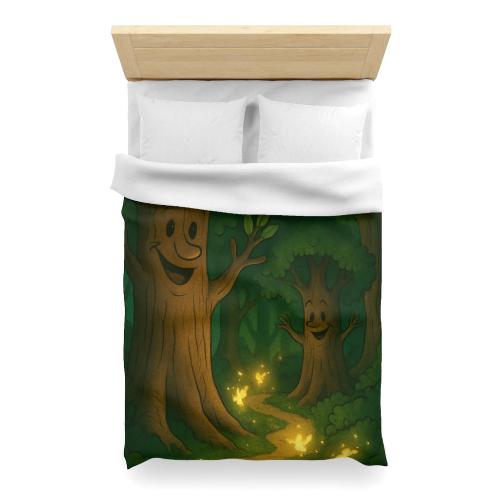 Enchanting Cartoon Forest Scene with Smiling Trees and Glowing Fireflies at Night
