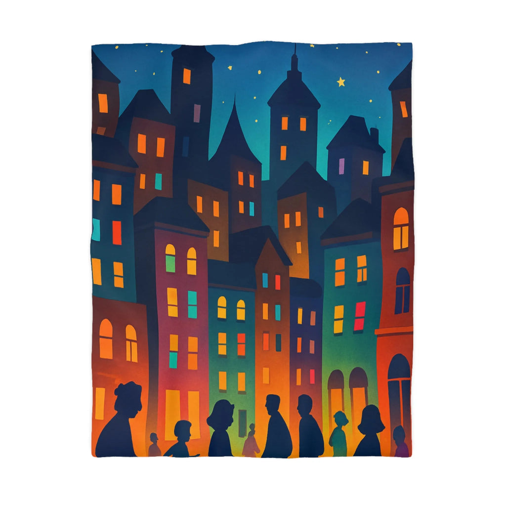 Housse de couette ambiance urbaine douce avec personnages et immeubles nocturnes stylisés