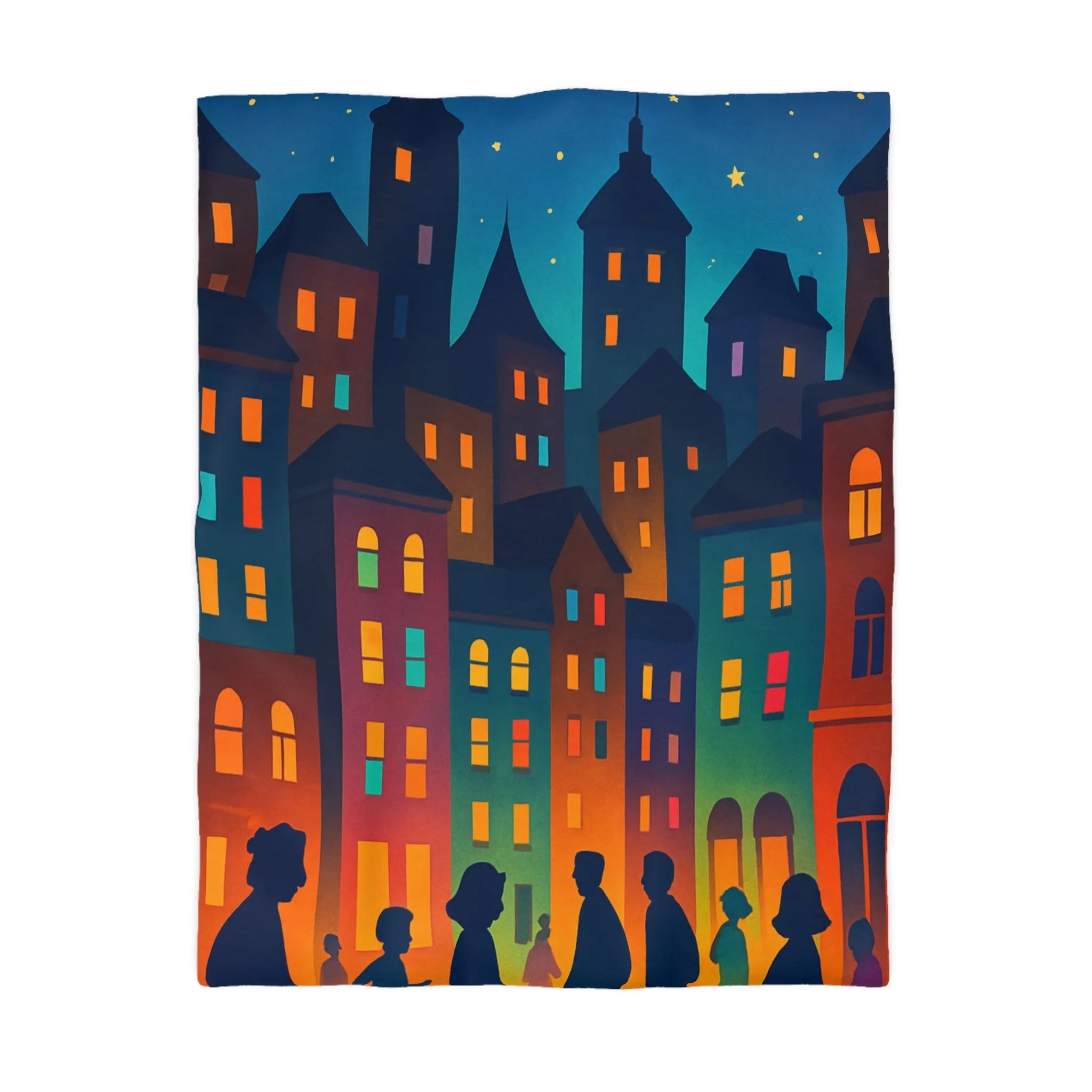 Housse de couette ambiance urbaine douce avec personnages et immeubles nocturnes stylisés