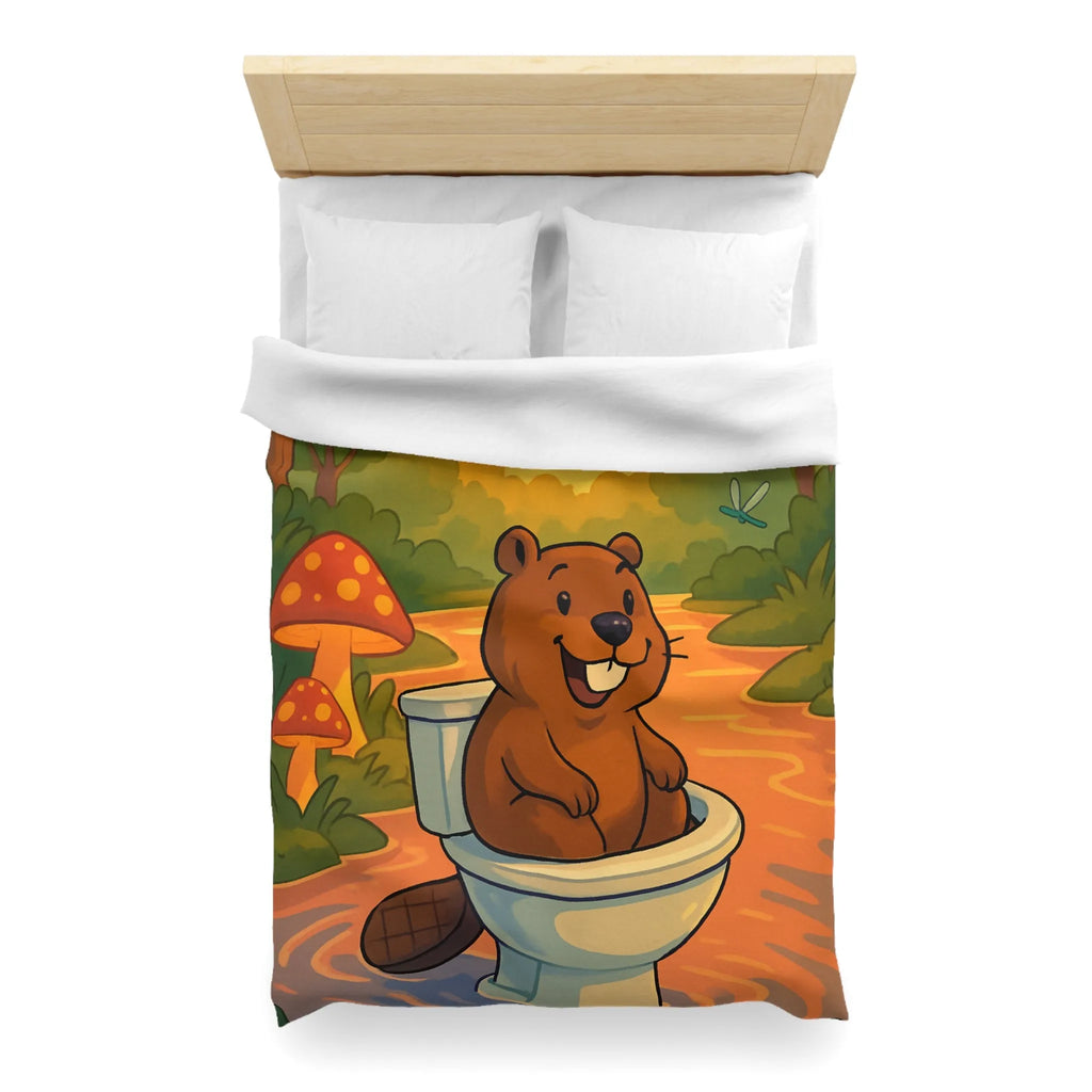 Housse de Couette Enfant Animée avec Castor Amusant et Paysage de Forêt Enchantée