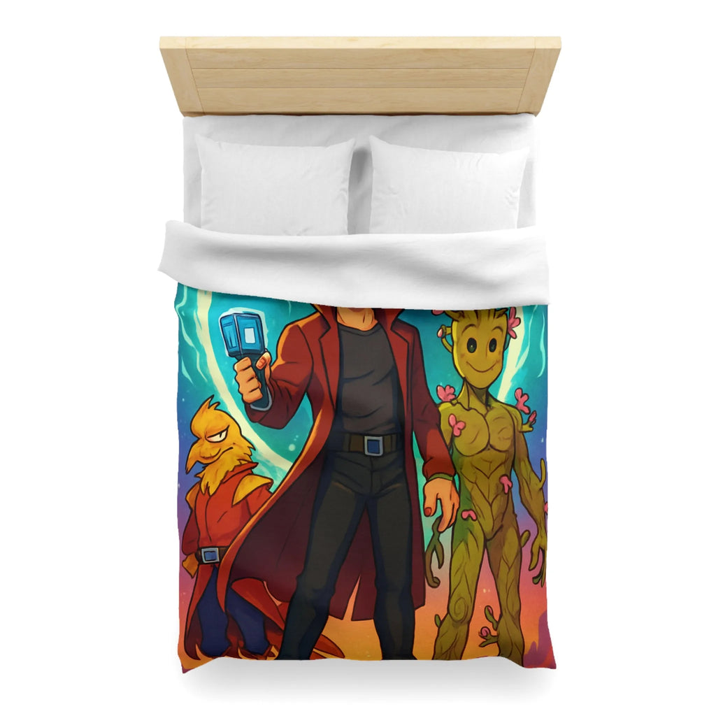 Housse de couette espace avec personnages héroïques colorés et univers rétro futuriste