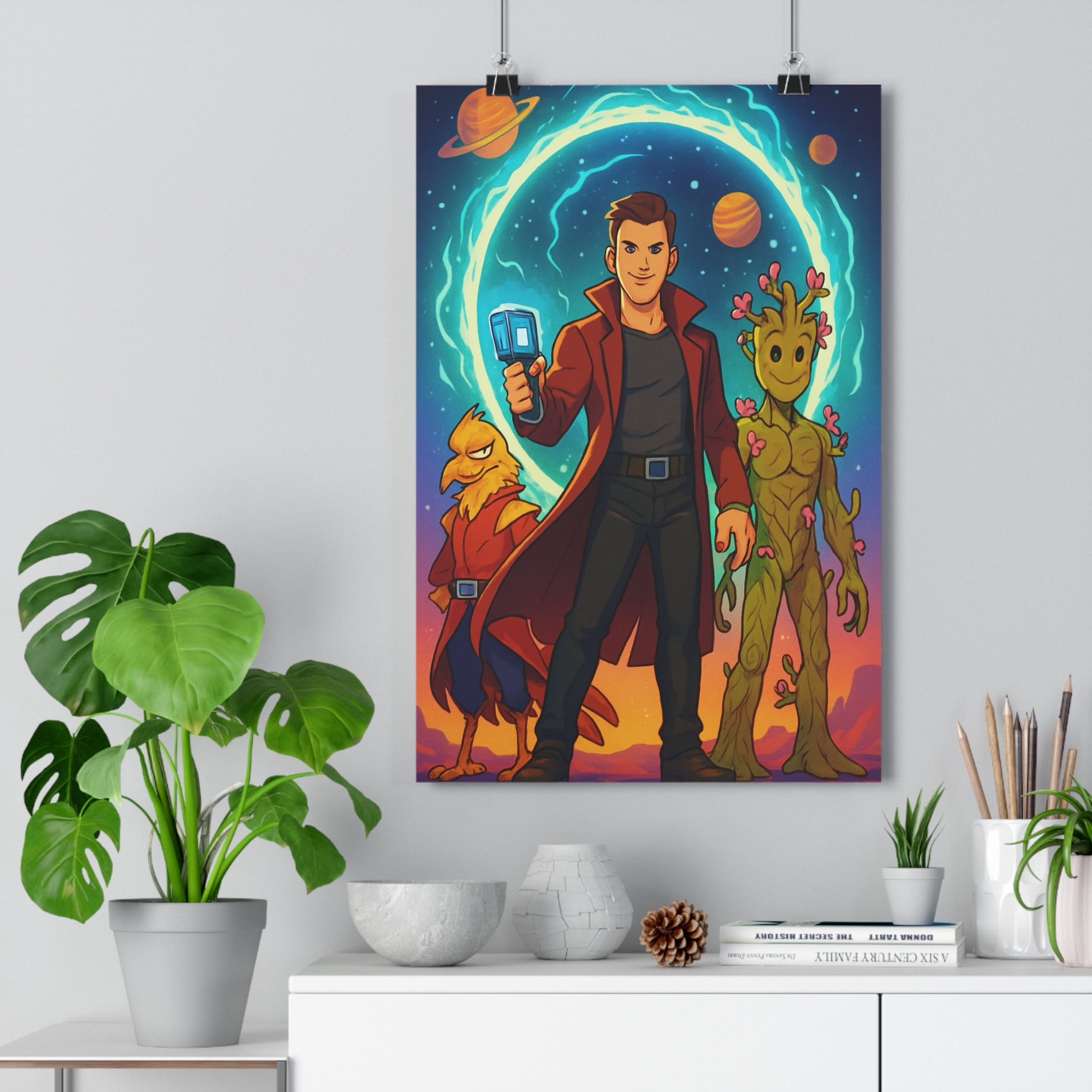 Poster décoratif lumineux aventure homme rouge créature jaune arbre fleurs espace salon chambre qualité