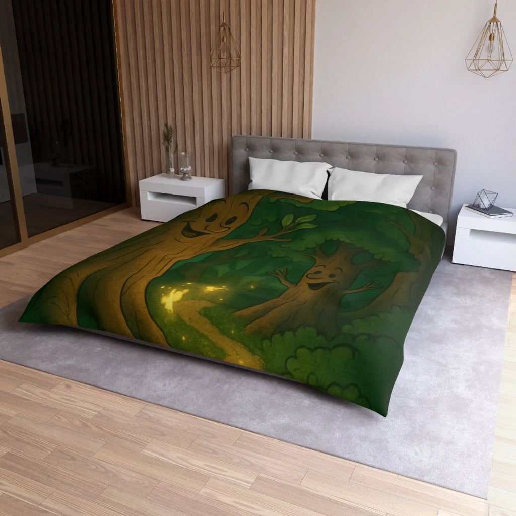 Enchanting Cartoon Forest Scene with Smiling Trees and Glowing Fireflies at Night