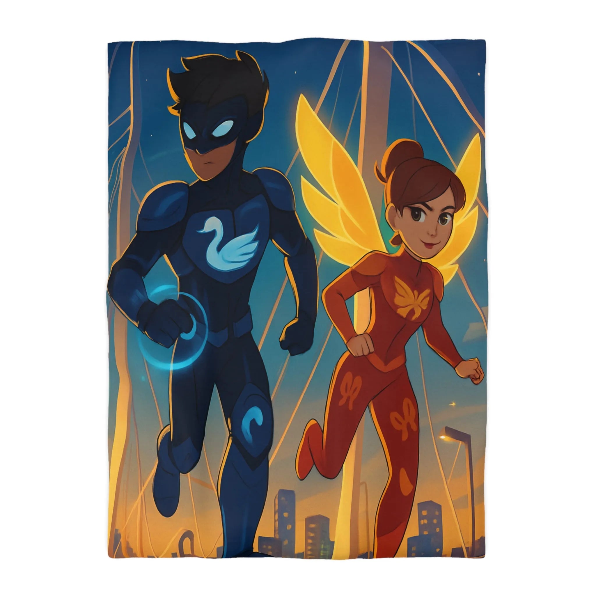 Housse de Couette Avec Héros Masqués et Ville au Crépuscule pour Chambre Enfant