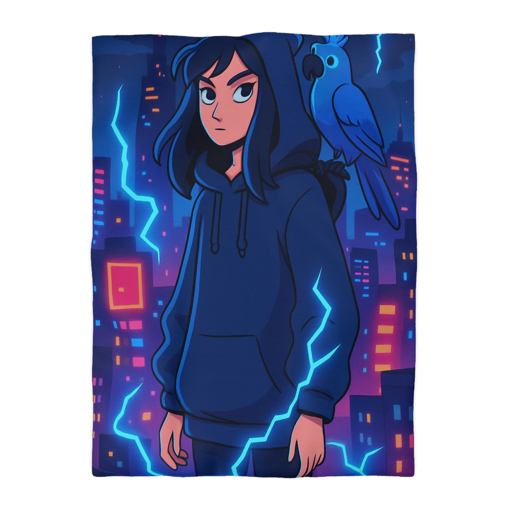 Tendance housse de couette bleu foncé avec motif urbain et perroquet électrique
