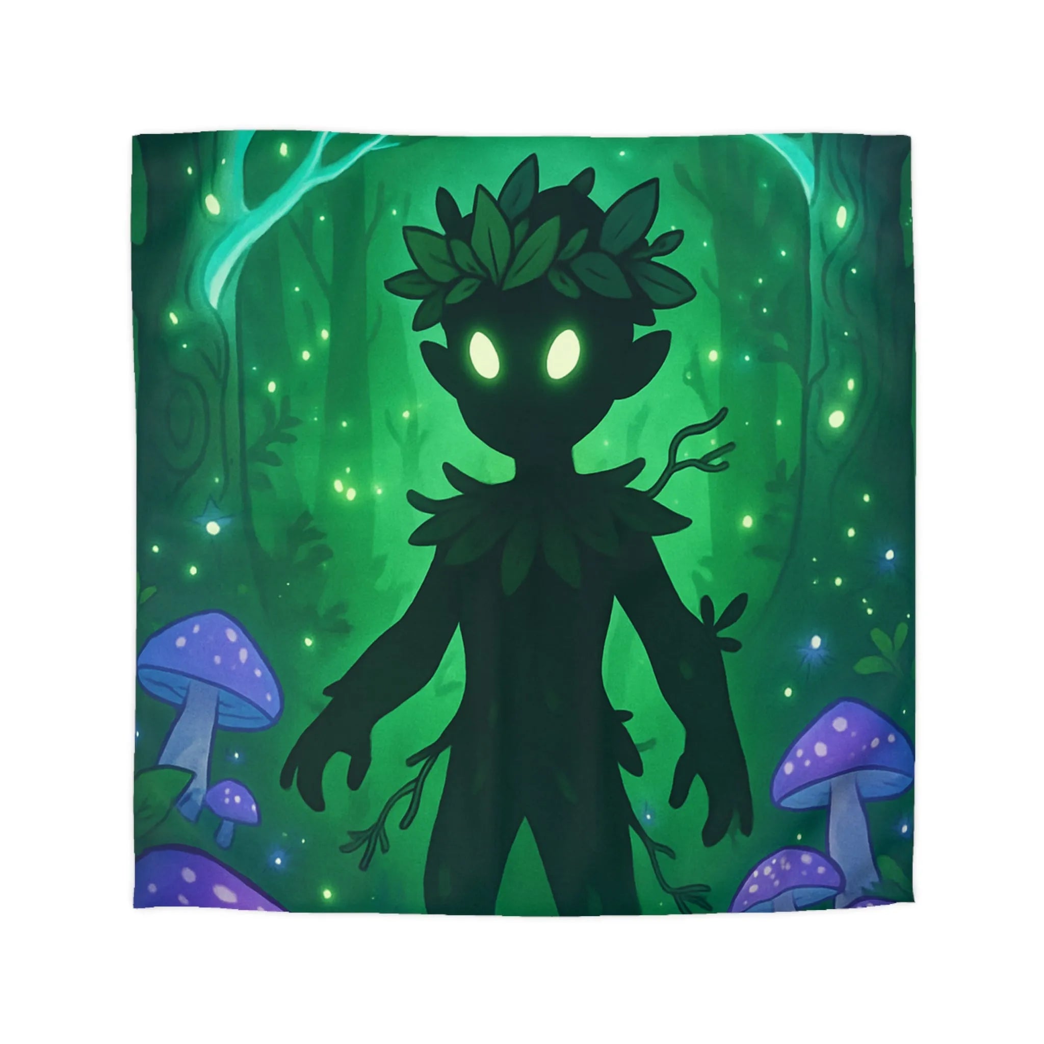 Housse de couette féerique avec créature forestière et champignons lumineux dans la nuit