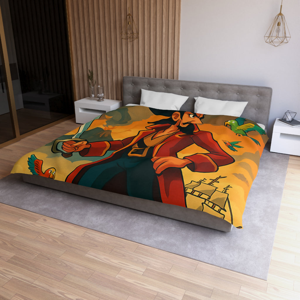 Housse de couette pirate vibrante avec perroquets colorés, volcan actif et bateau en mer