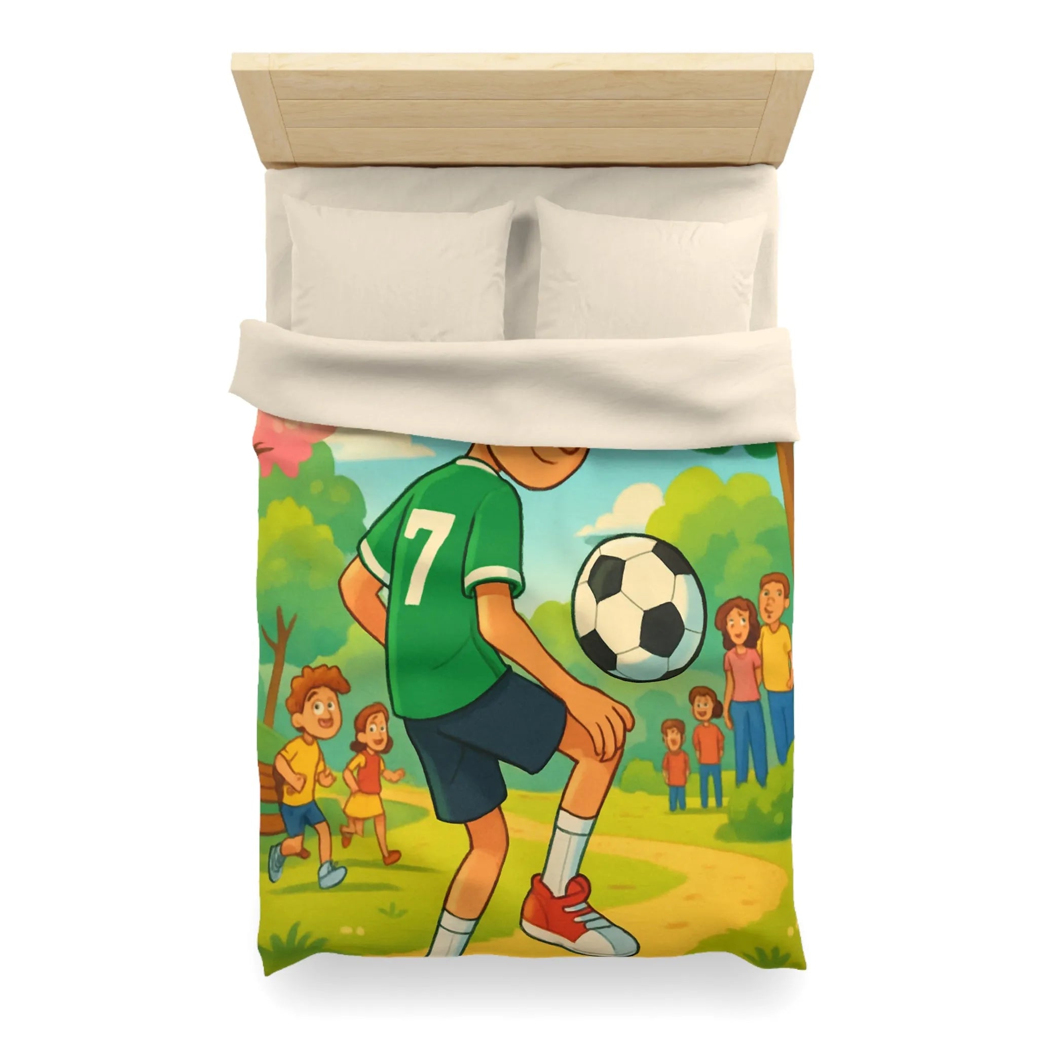 'Housse de couette enfant : garçon jouant au football dans parc coloré et animé'
