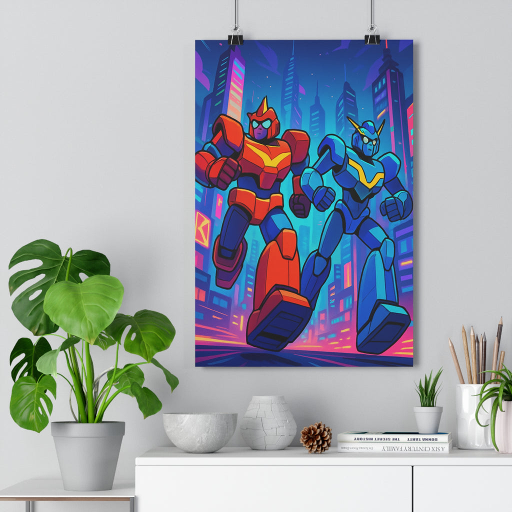 Poster décoratif dynamique rouge bleu violet moderne futuriste géants robots ville chambre ado bureau