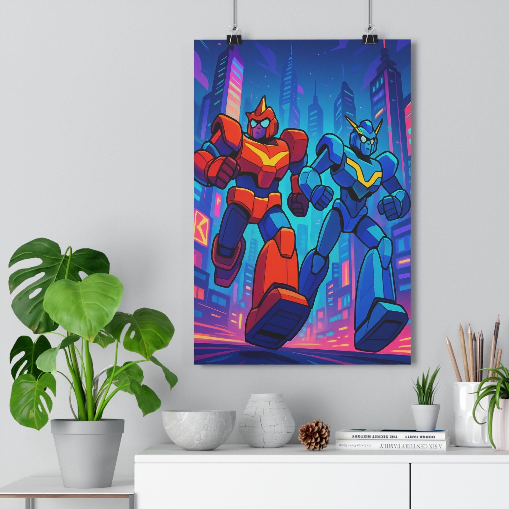 Poster décoratif dynamique rouge bleu violet moderne futuriste géants robots ville chambre ado bureau