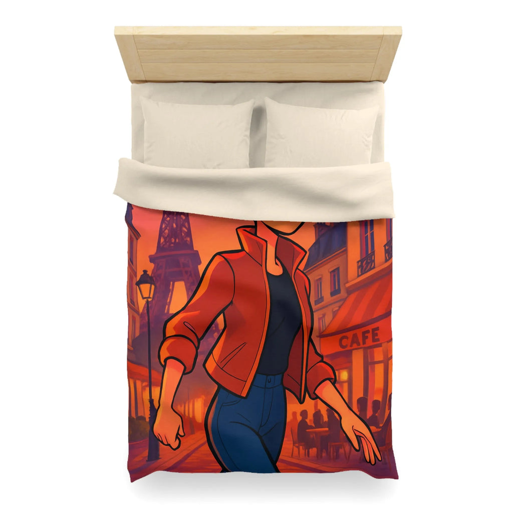 Housse de couette colorée avec illustration parisienne animée d'une silhouette joyeuse