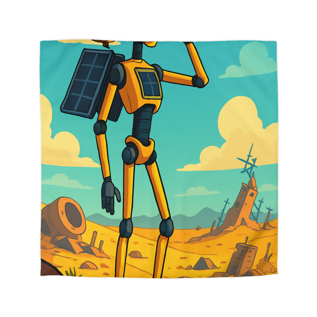 Housse de couette robot jaune explorateur dans désert post-apocalyptique avec oiseau