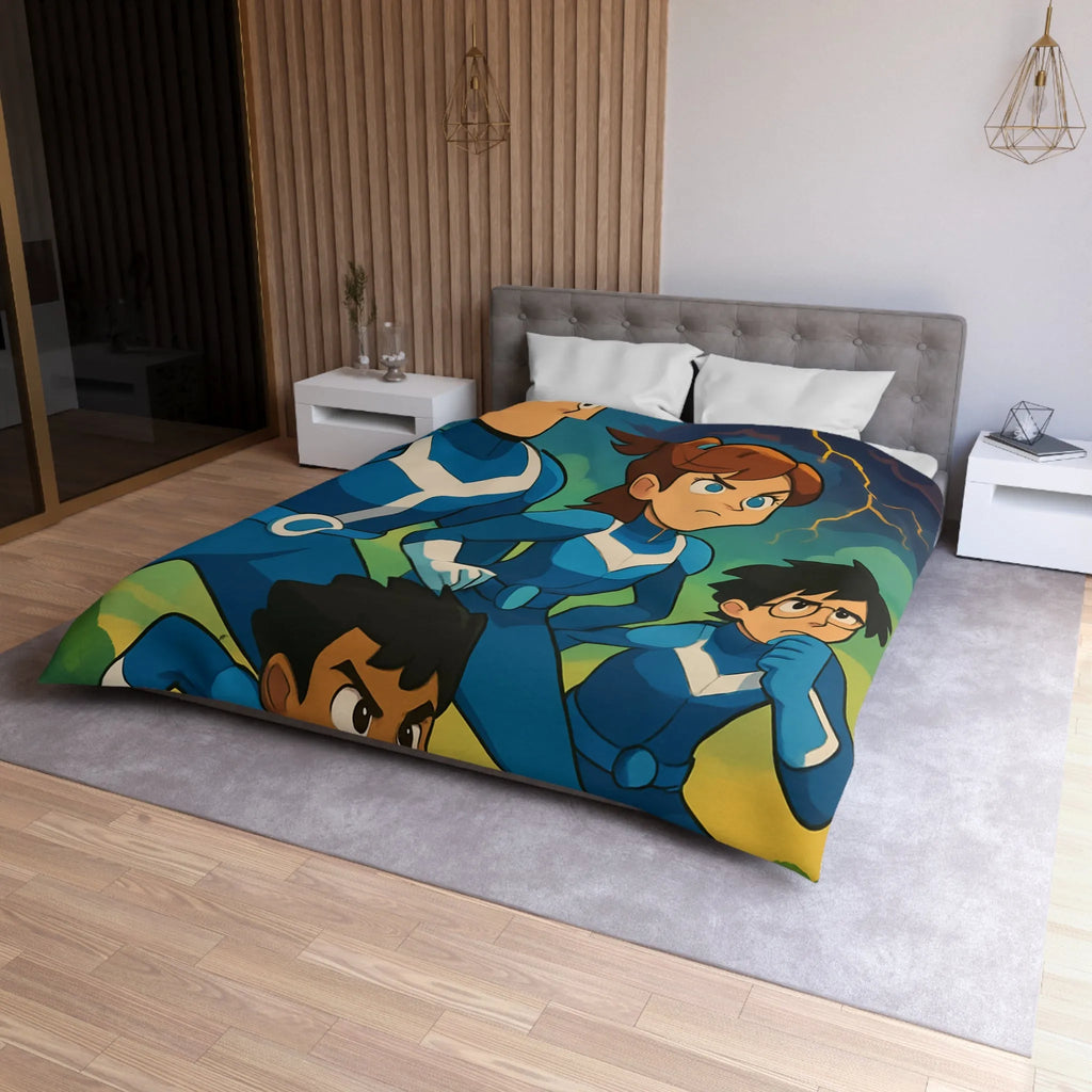 Housse de couette aventure : personnages animés et ciel orageux captivant pour chambre dynamique