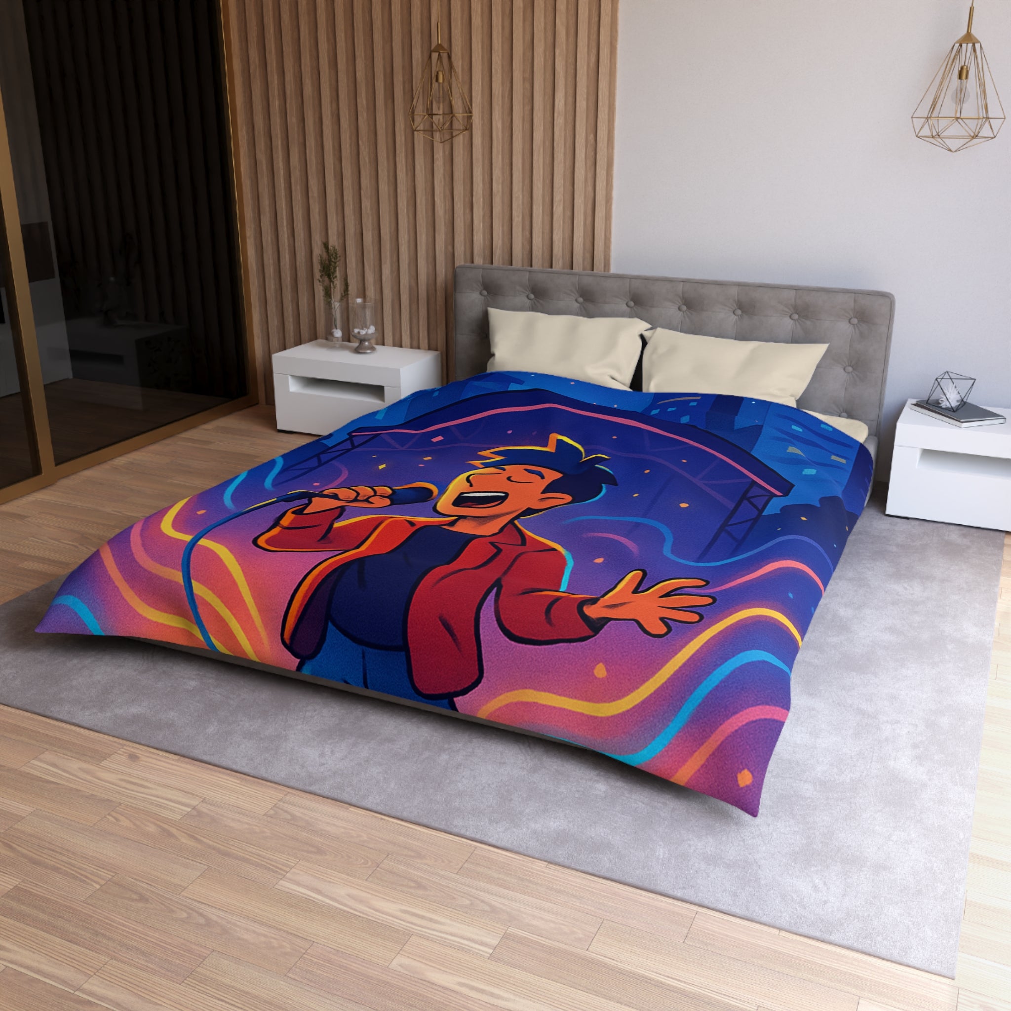 Housse de couette scène vibrante de concert nocturne avec chanteur et couleurs éclatantes