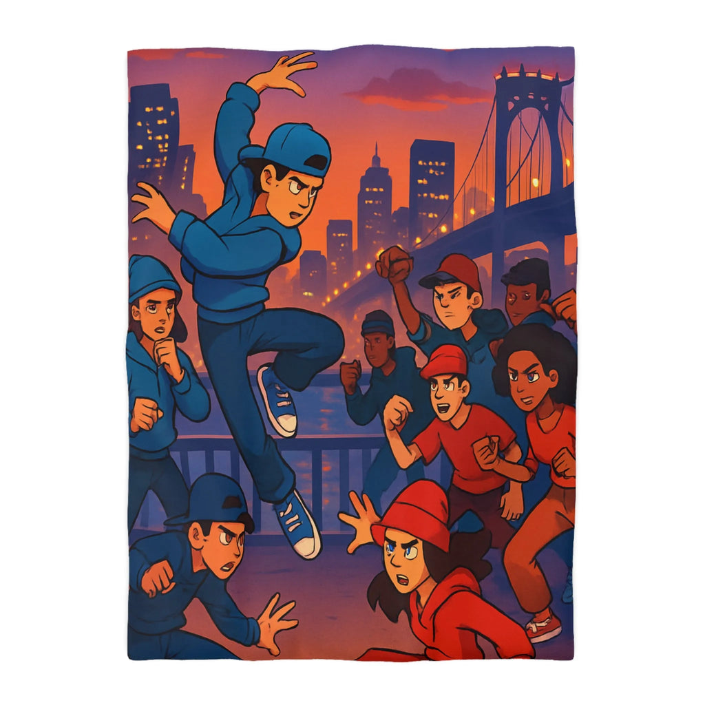 Housse de couette illustrée avec danseurs urbains dynamiques sur fond de pont illuminé