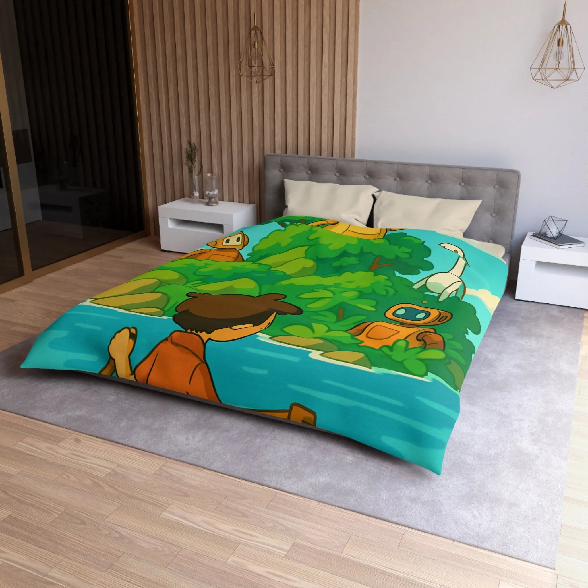 Housse de couette avec robots ludiques et enfant en bateau sur lac serein