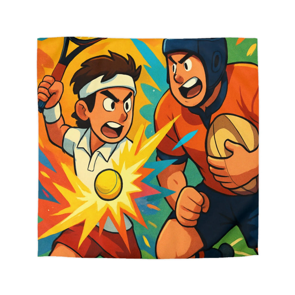 Housse de Couette Animée Sportive avec Joueurs de Tennis et Rugby Dynamique Multicolore