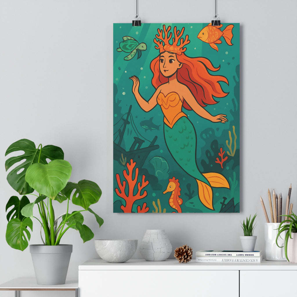 Poster décoratif cartoon sirène cheveux orange tortue poisson hippocampe chambre enfant mural fantastique vibrant