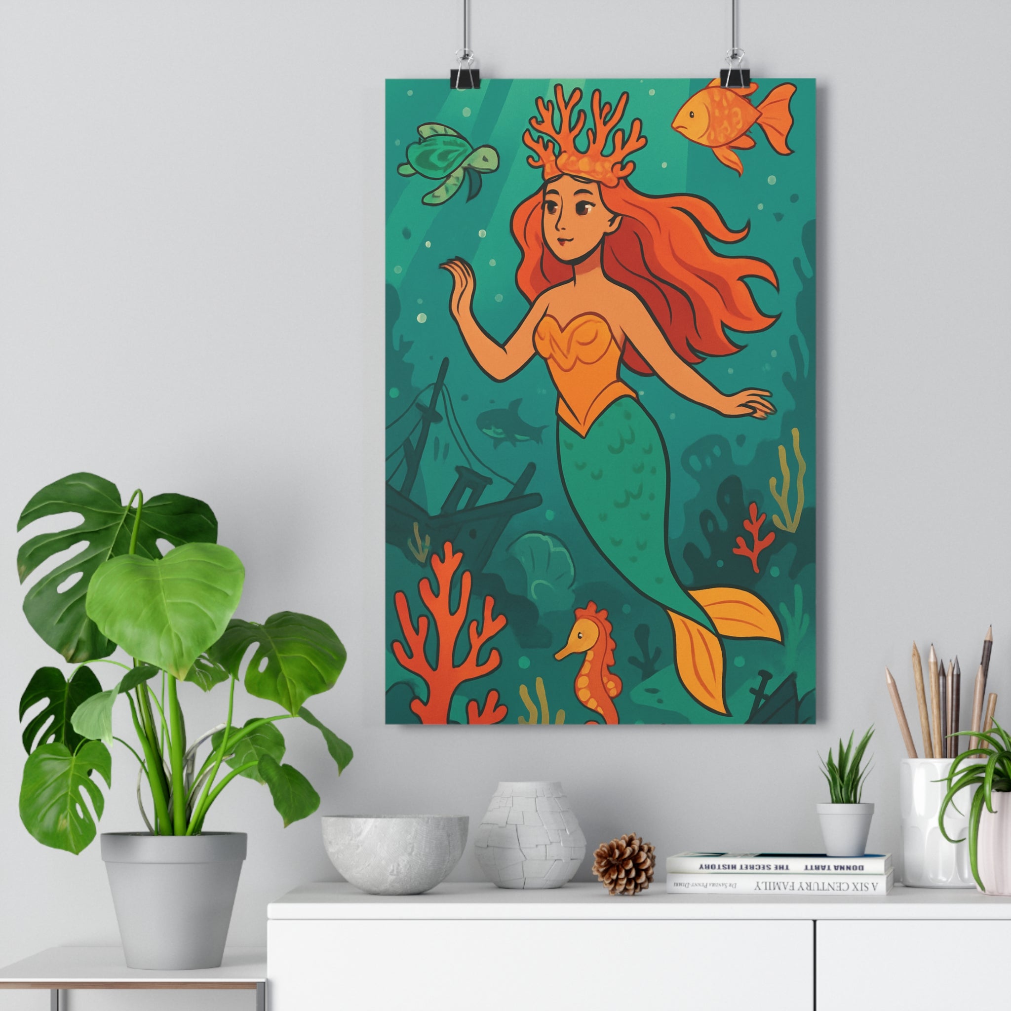 Poster décoratif cartoon sirène cheveux orange tortue poisson hippocampe chambre enfant mural fantastique vibrant