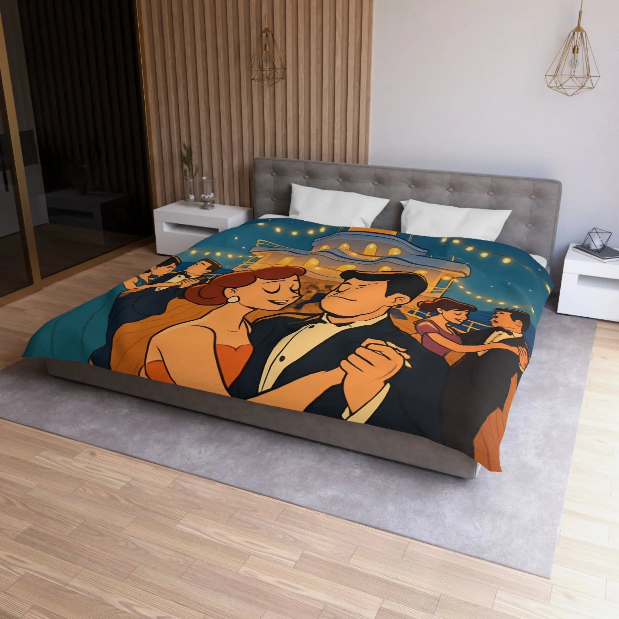 Housse de couette élégante avec danse romantique rétro sur un pont de navire