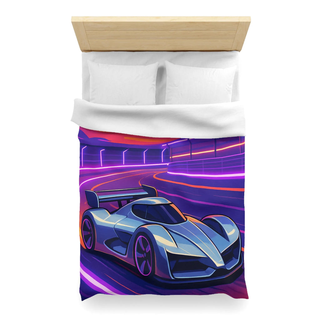 Housse de couette de voiture futuriste dérapante sur circuit éclairé au coucher du soleil