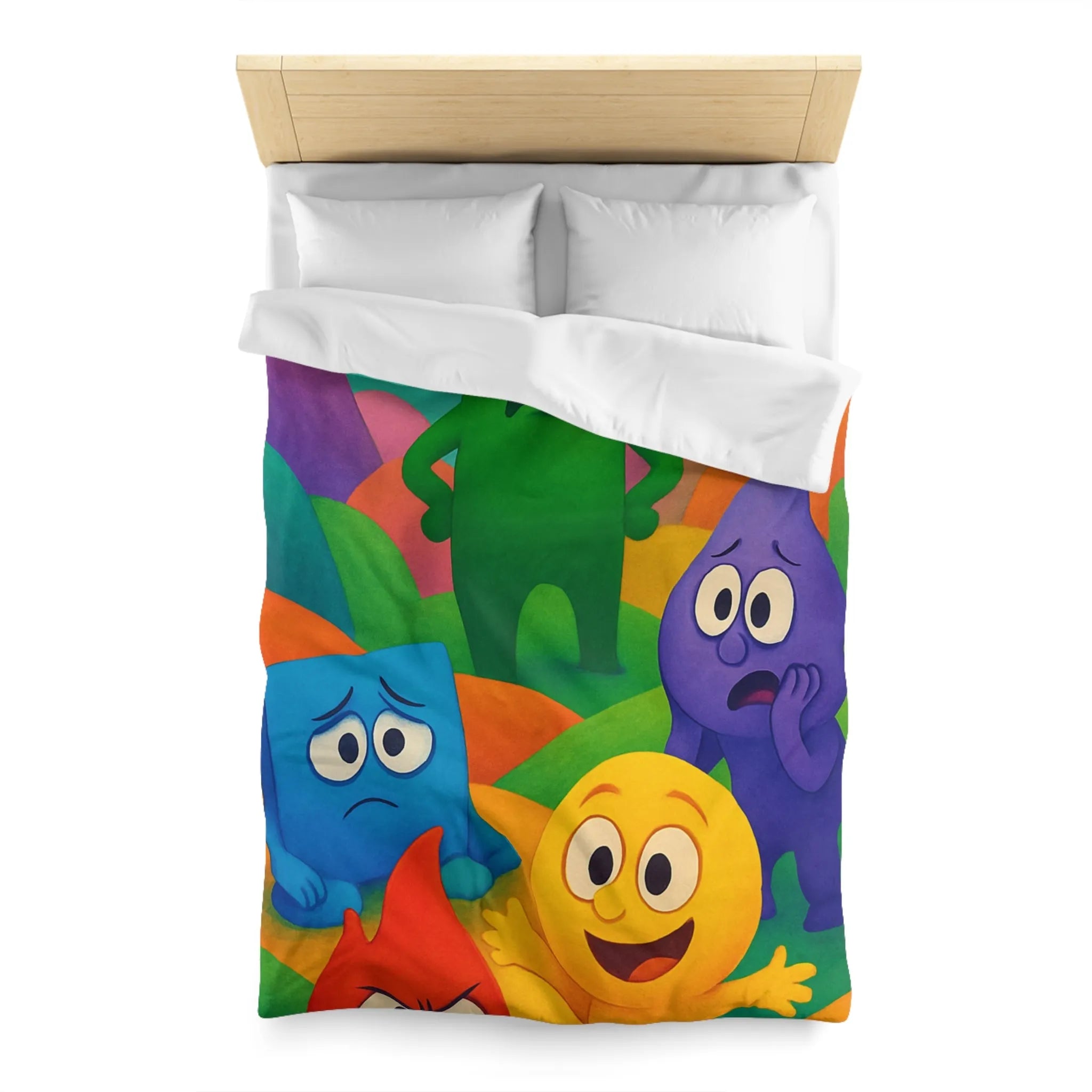 Housse de couette colorée avec personnages expressifs sur fond de collines arc-en-ciel