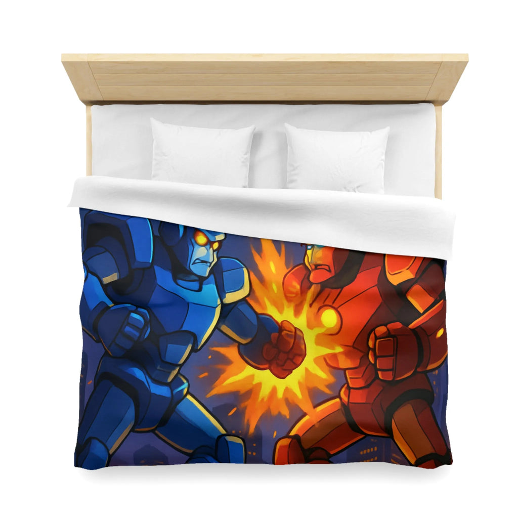 Housse de couette futuriste robots en combat dans une ville éclairée par l'orage