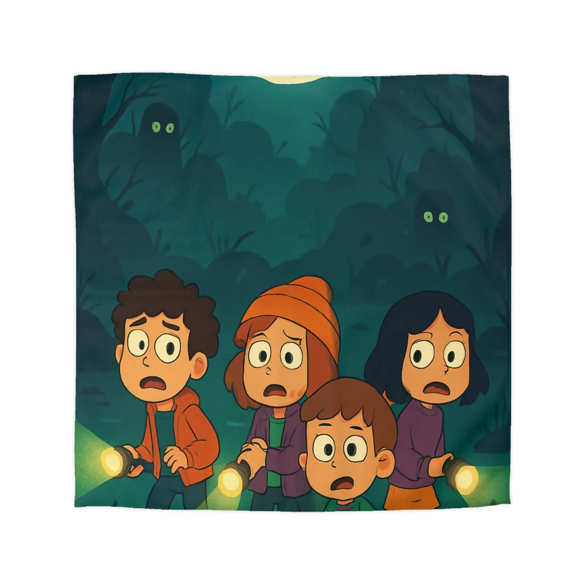 Housse de couette illustrée avec enfants explorant forêt mystérieuse par nuit de pleine lune