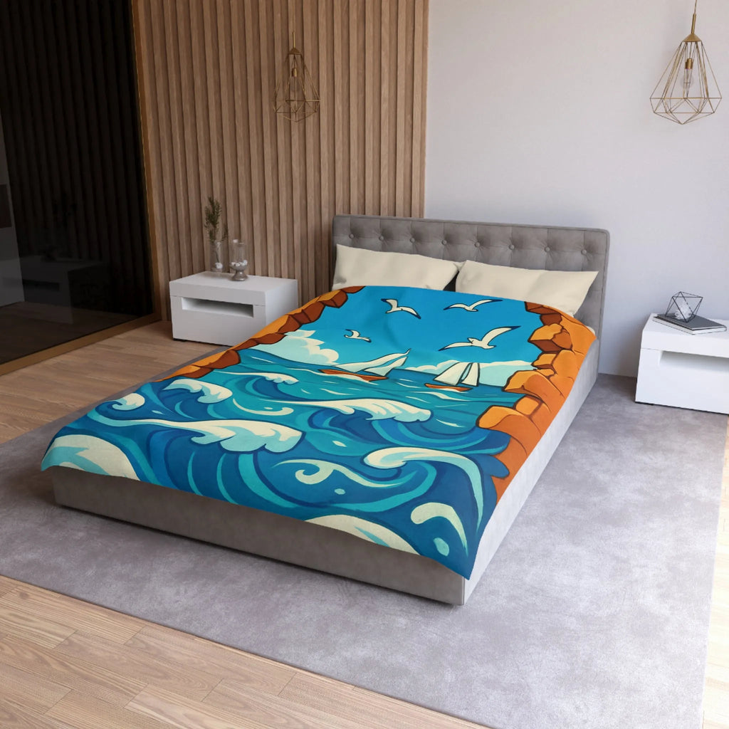 Housse de couette avec voiliers et mer, ambiance estivale bleu et orange