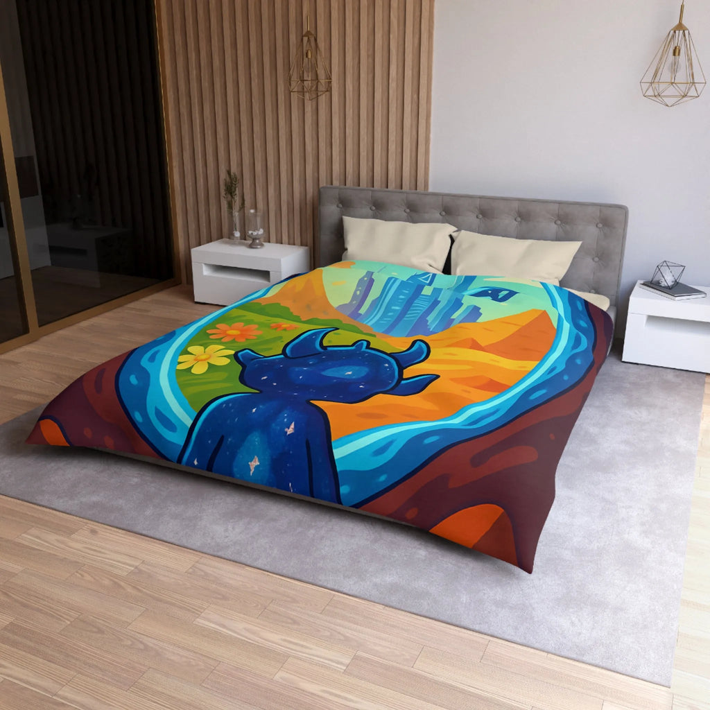 Housse de couette colorée avec créature cosmique et paysage futuriste magique