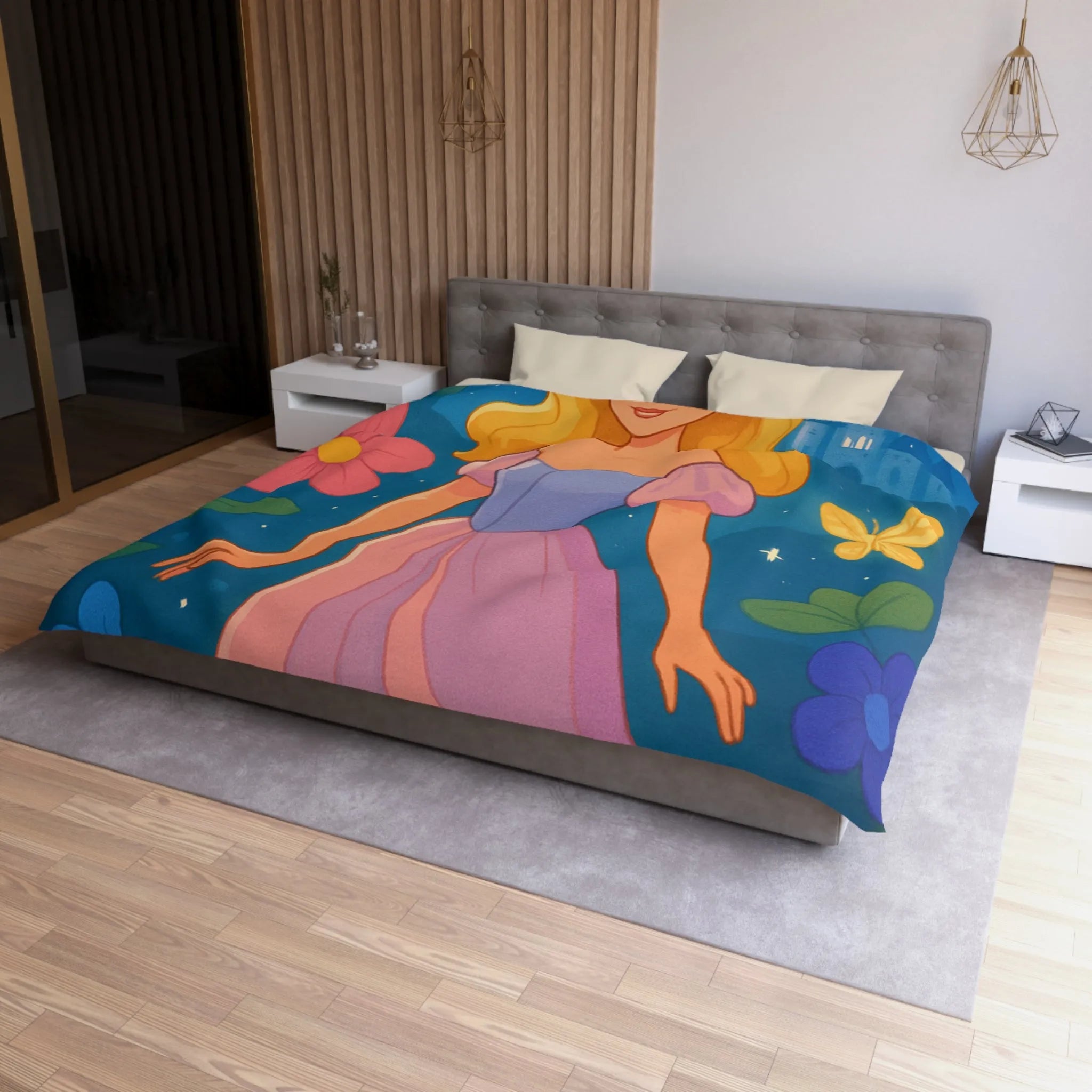 Housse de couette enchantée princesse et château fleurs papillons magique pour chambre enfant