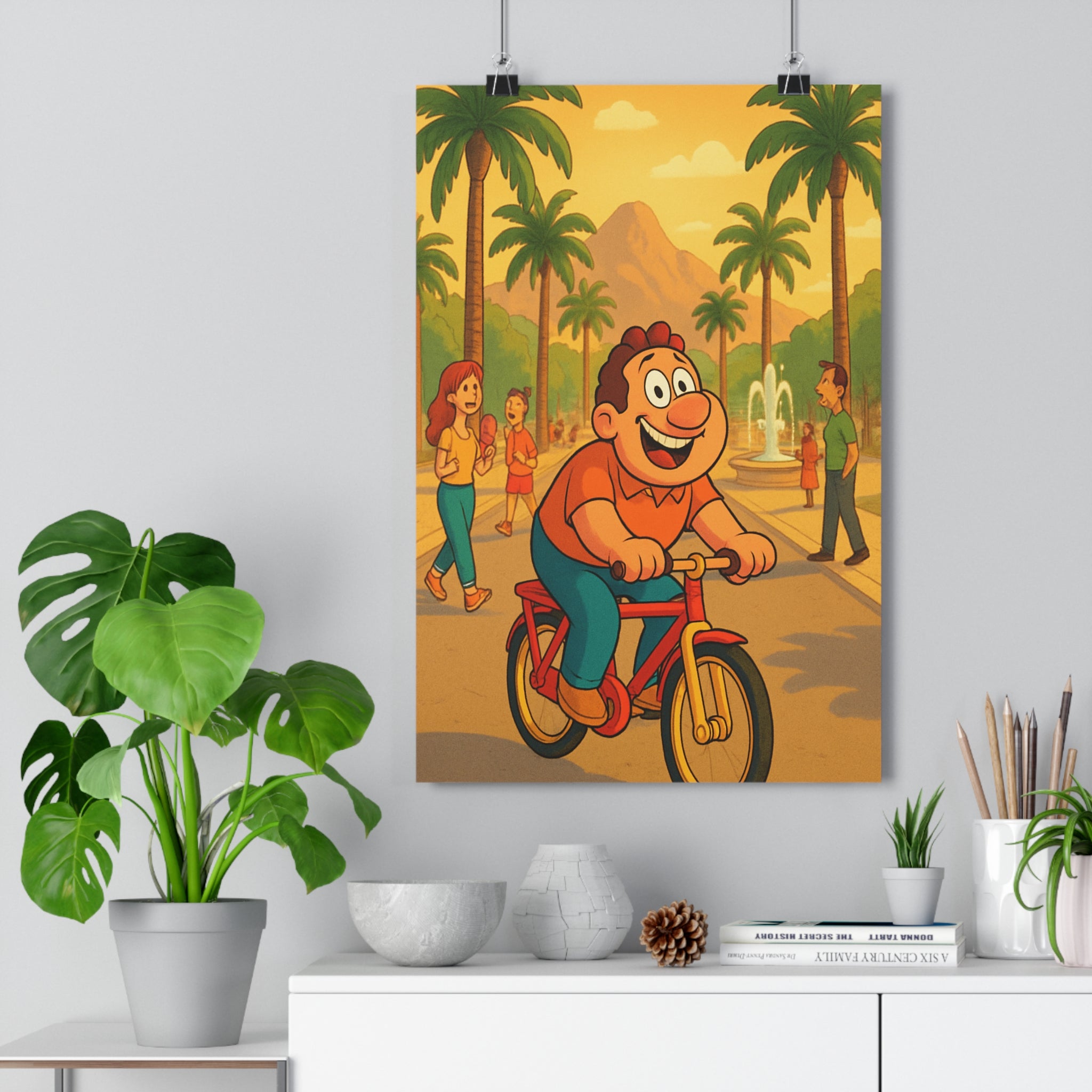 Poster décoratif cartoon vibrant joyeux vélo palmiers orange vert salon chambre 30x46 cm qualité