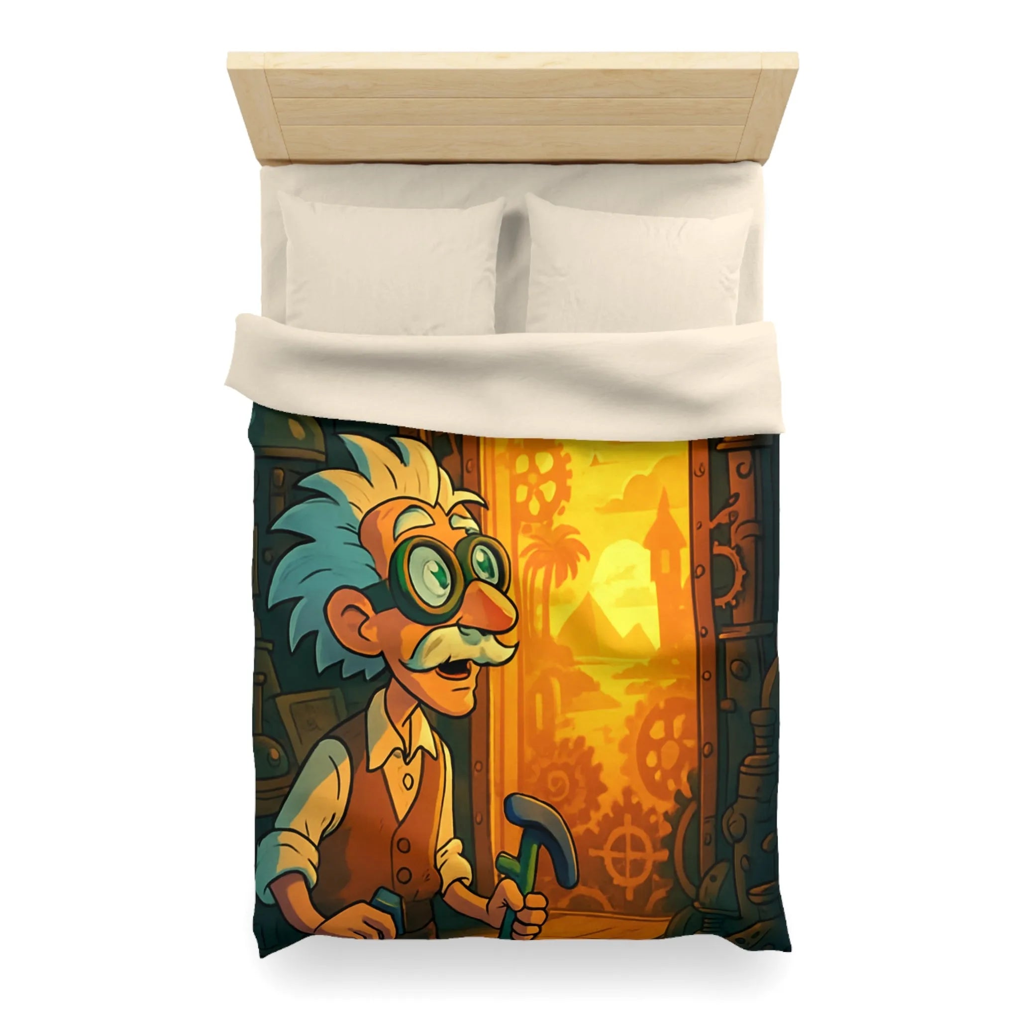 Housse de couette avec professeur inventeur et porte mystérieuse aux teintes orangées
