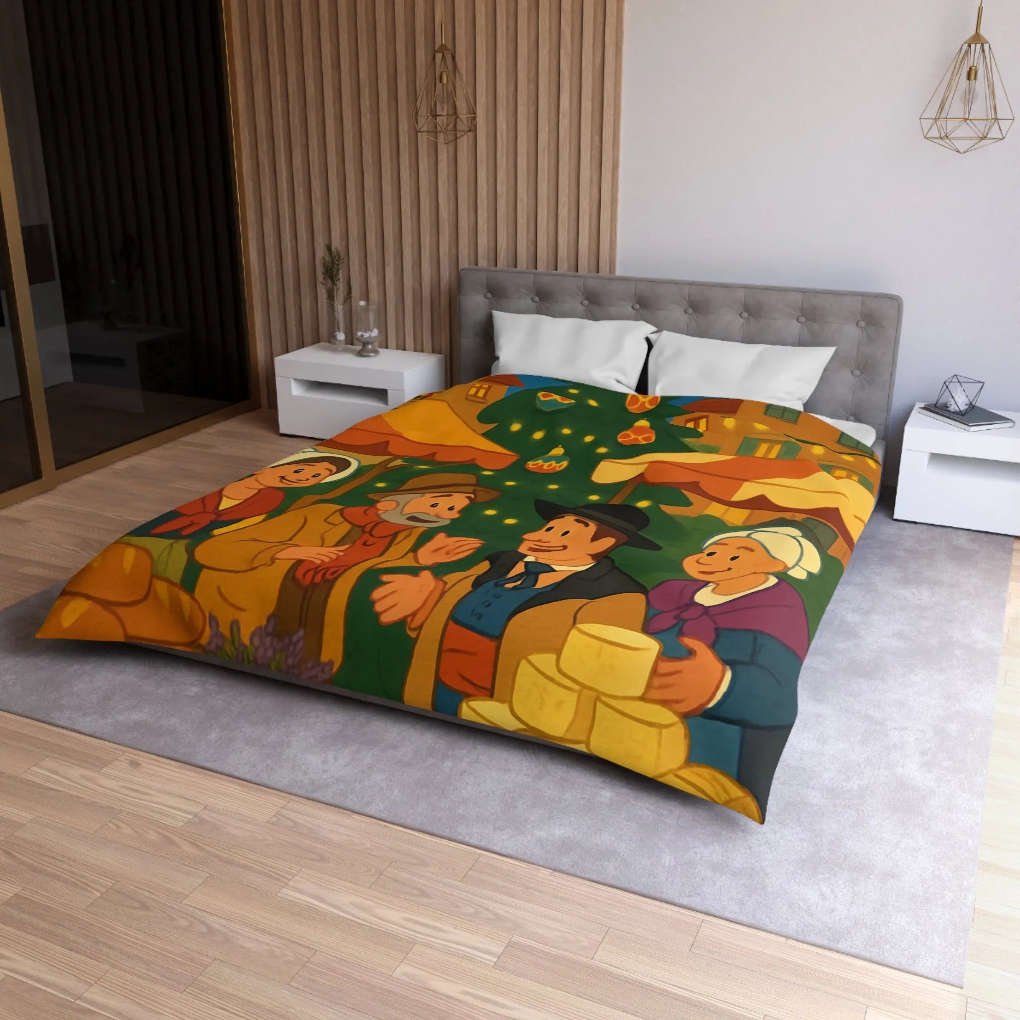 Housse de couette festive avec marché de Noël et sapin illuminé au village